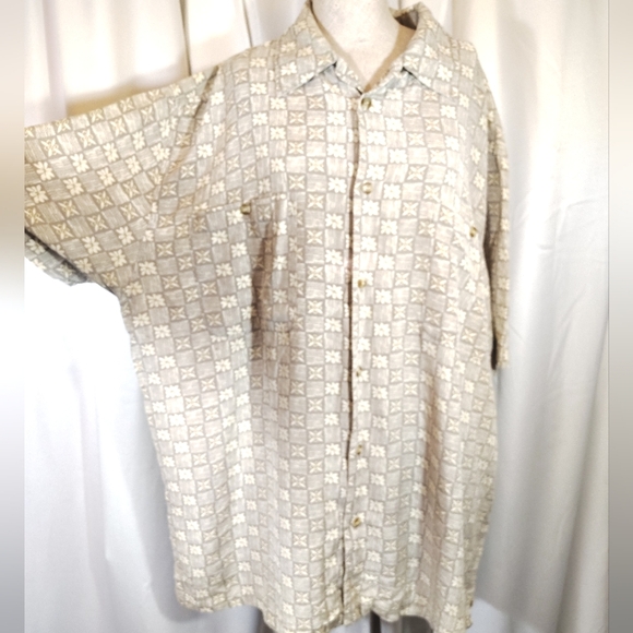 Visitor Other - Visitor Silk Button-Down Shirt, Collar, Pocket, Beige-Ivory Design, Lghtwght, 2X
